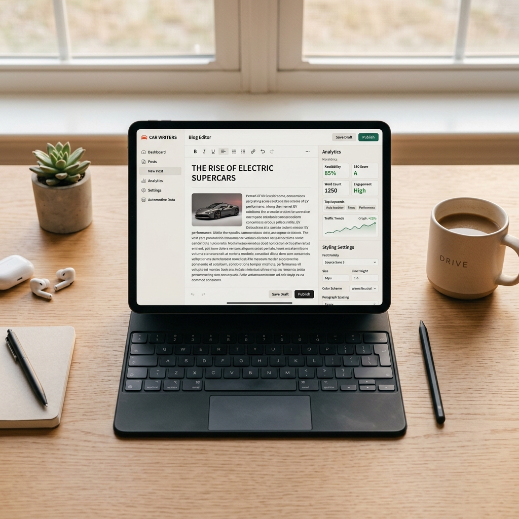A close-up high-angle view of a modern clean workspace desk with a tablet showing a premium blog editor interface with car writing analytics, styling settings, no people, soft warm cinematic lighting, minimal aesthetic